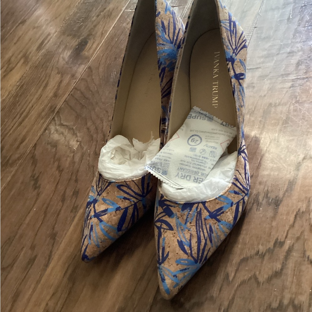 Ivanka Trump Blue and Tan Patterned Heels